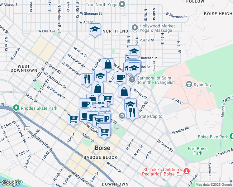 map of restaurants, bars, coffee shops, grocery stores, and more near 654 North 9th Street in Boise