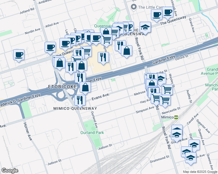 map of restaurants, bars, coffee shops, grocery stores, and more near 20 San Remo Terrace in Toronto