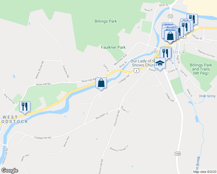 map of restaurants, bars, coffee shops, grocery stores, and more near 15 College Hill in Woodstock