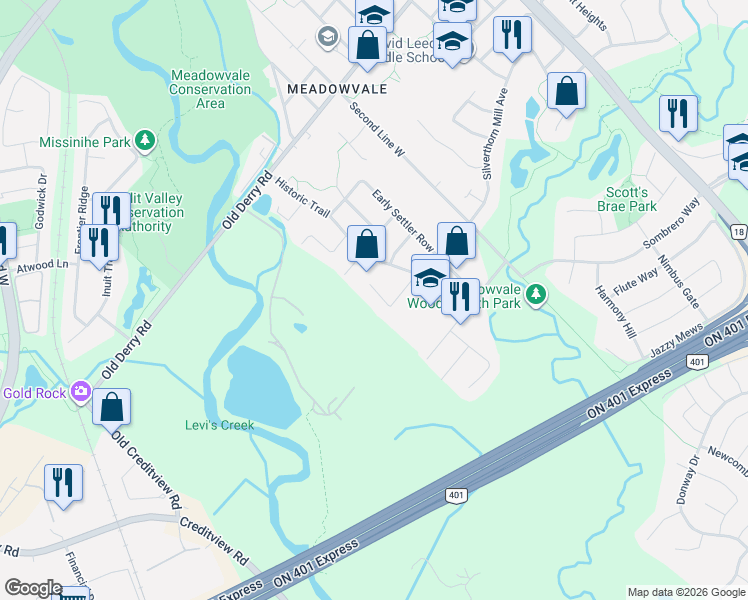 map of restaurants, bars, coffee shops, grocery stores, and more near 1174 Meadowgrove Court in Mississauga