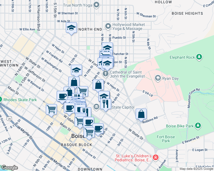 map of restaurants, bars, coffee shops, grocery stores, and more near 623 West Hays Street in Boise