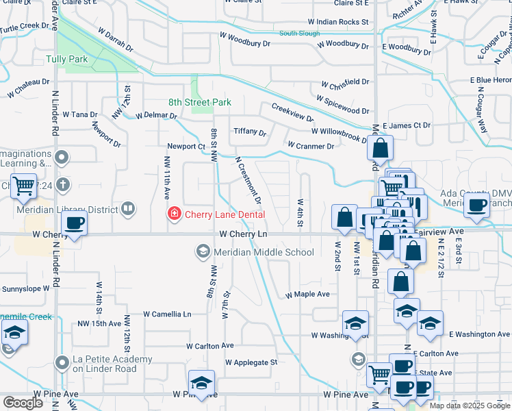 map of restaurants, bars, coffee shops, grocery stores, and more near 603 Lawndale Drive in Meridian