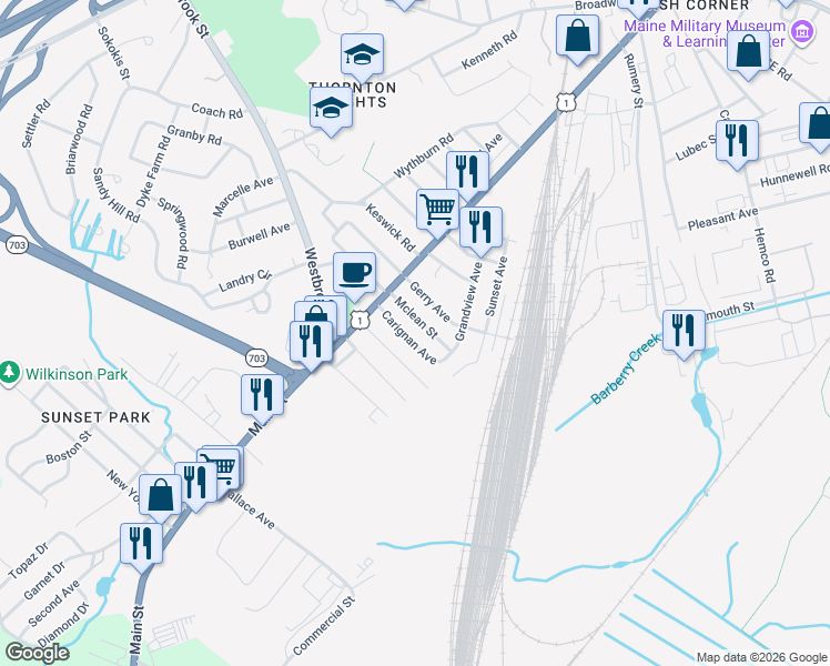 map of restaurants, bars, coffee shops, grocery stores, and more near 47 Grandview Avenue in South Portland