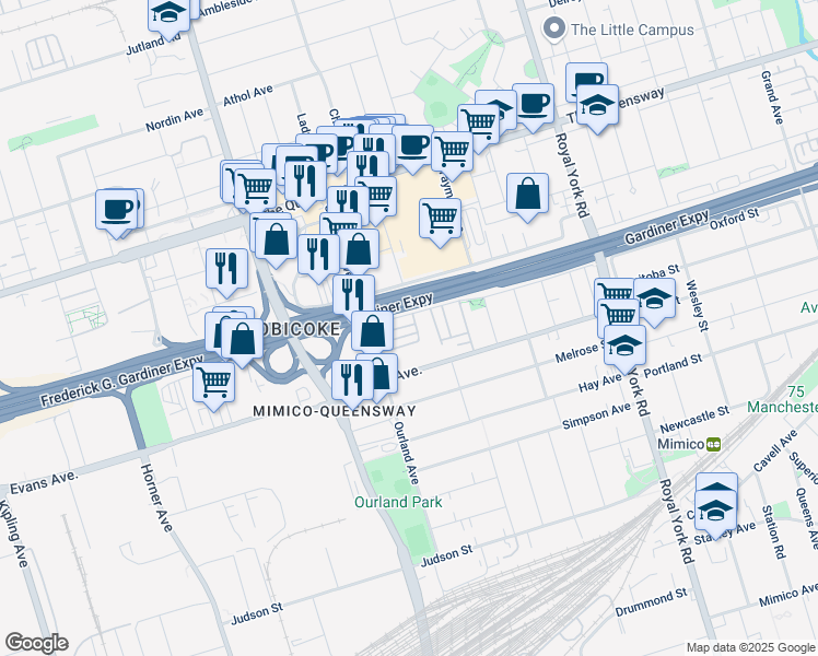 map of restaurants, bars, coffee shops, grocery stores, and more near in Toronto