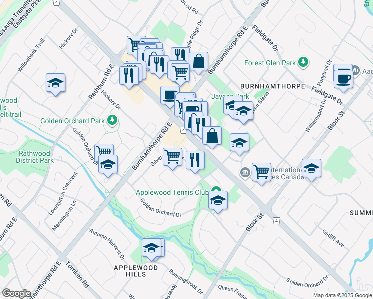 map of restaurants, bars, coffee shops, grocery stores, and more near in Mississauga
