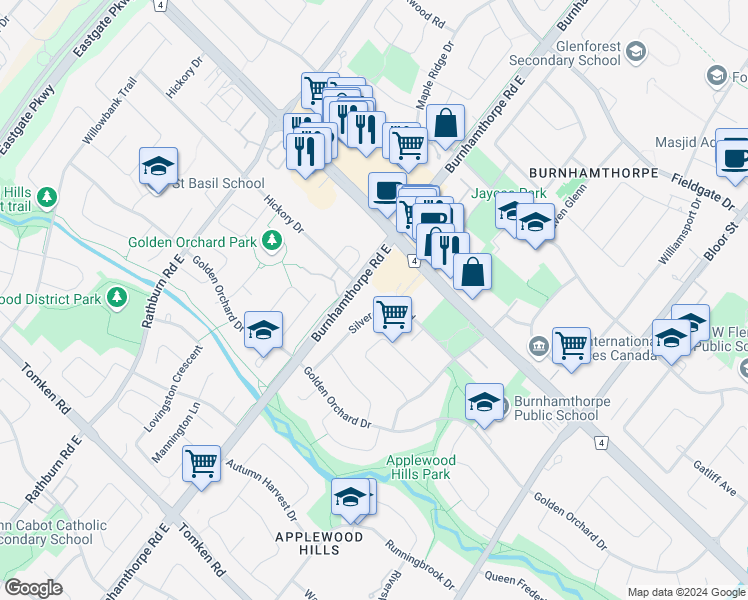 map of restaurants, bars, coffee shops, grocery stores, and more near 1315 Silver Spear Road in Mississauga