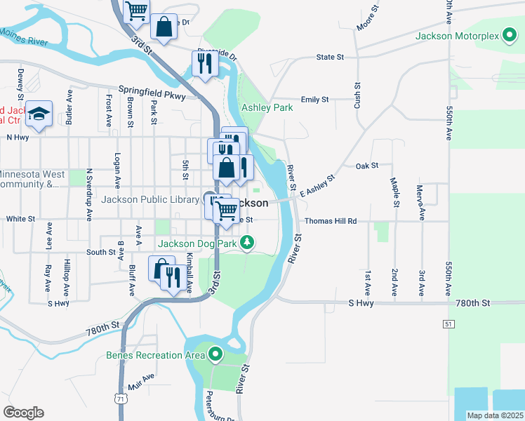 map of restaurants, bars, coffee shops, grocery stores, and more near 210 1st Street in Jackson
