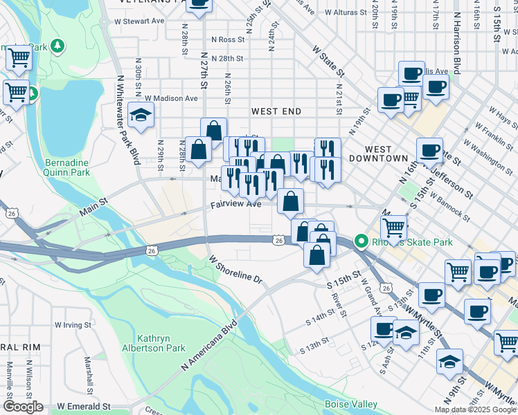 map of restaurants, bars, coffee shops, grocery stores, and more near 2419 West Fairview Avenue in Boise