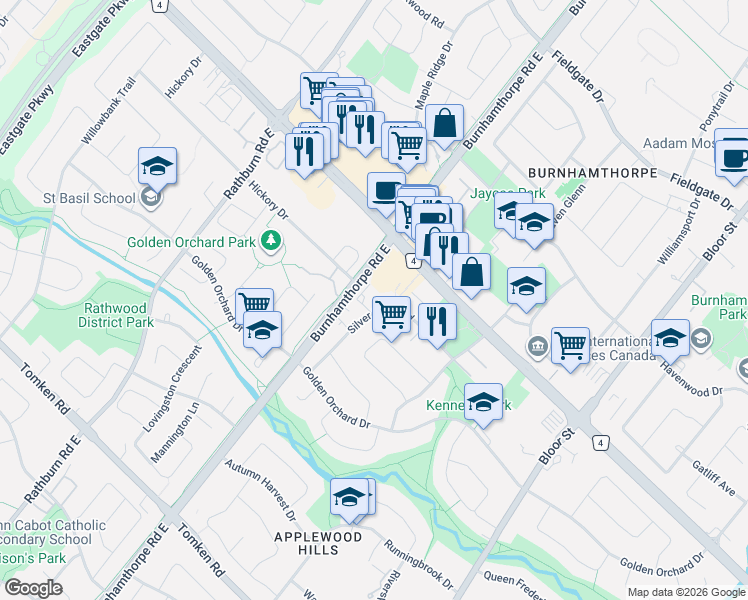 map of restaurants, bars, coffee shops, grocery stores, and more near 1315 Silver Spear Road in Mississauga