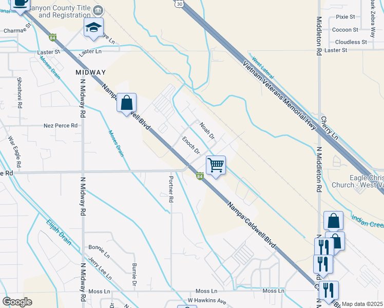map of restaurants, bars, coffee shops, grocery stores, and more near 313 Isaiah Way in Caldwell