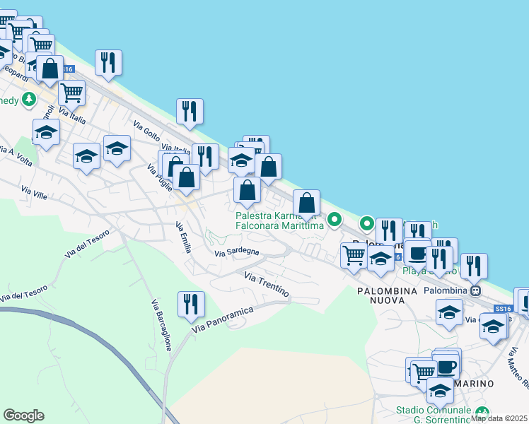 map of restaurants, bars, coffee shops, grocery stores, and more near 16 Via Piemonte in Falconara Marittima
