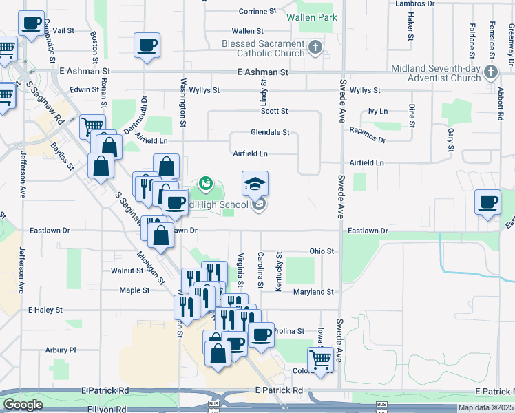 map of restaurants, bars, coffee shops, grocery stores, and more near 1301 Eastlawn Drive in Midland