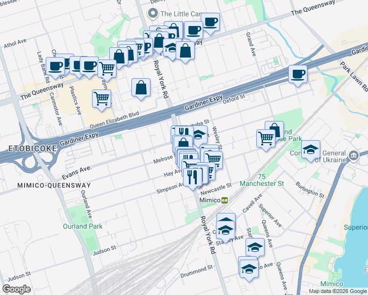map of restaurants, bars, coffee shops, grocery stores, and more near in Toronto