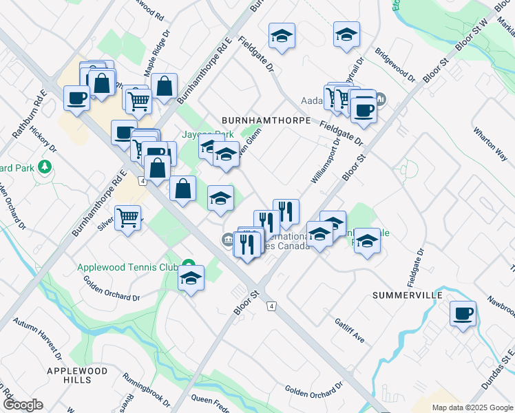 map of restaurants, bars, coffee shops, grocery stores, and more near in Mississauga