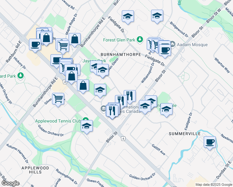 map of restaurants, bars, coffee shops, grocery stores, and more near 3480 Havenwood Drive in Mississauga