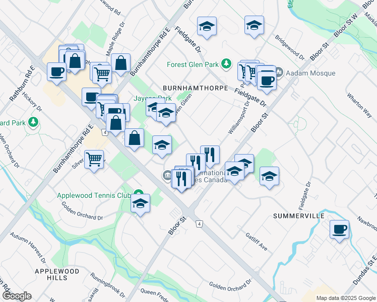 map of restaurants, bars, coffee shops, grocery stores, and more near 3480 Havenwood Drive in Mississauga