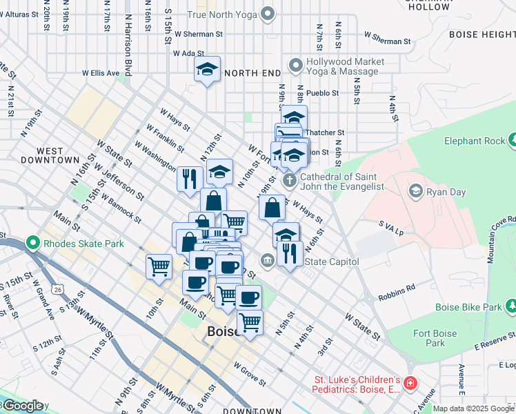 map of restaurants, bars, coffee shops, grocery stores, and more near 820 West Washington Street in Boise