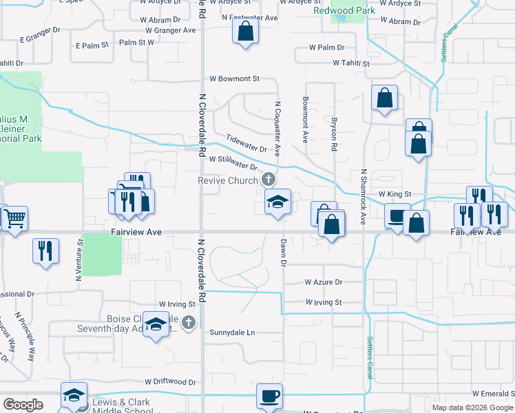 map of restaurants, bars, coffee shops, grocery stores, and more near 11931 Clover Field Lane in Boise