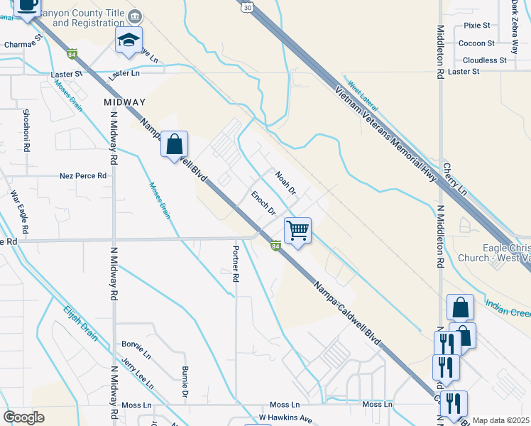 map of restaurants, bars, coffee shops, grocery stores, and more near 313 Isaiah Way in Caldwell