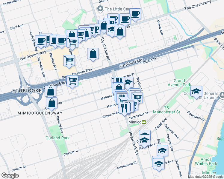 map of restaurants, bars, coffee shops, grocery stores, and more near in Toronto