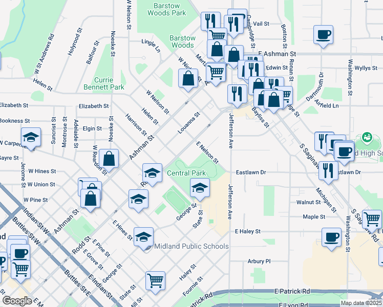 map of restaurants, bars, coffee shops, grocery stores, and more near 2410 Rodd Street in Midland