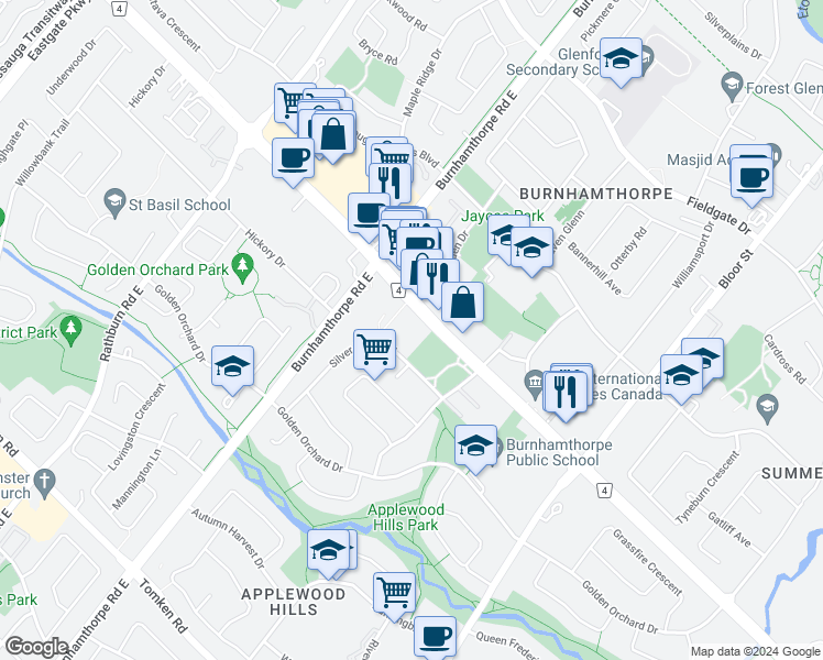 map of restaurants, bars, coffee shops, grocery stores, and more near 3610 Dixie Road in Mississauga