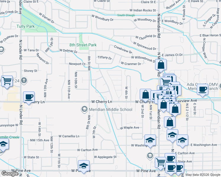 map of restaurants, bars, coffee shops, grocery stores, and more near 1720 North Crestmont Drive in Meridian