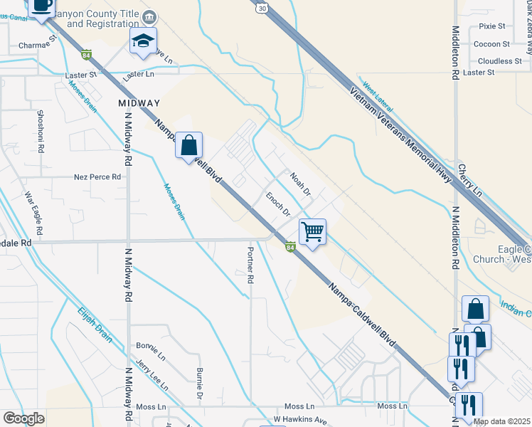 map of restaurants, bars, coffee shops, grocery stores, and more near 314 Isaiah Way in Caldwell