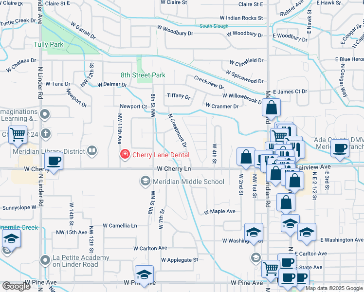 map of restaurants, bars, coffee shops, grocery stores, and more near 1829 North Crestmont Drive in Meridian