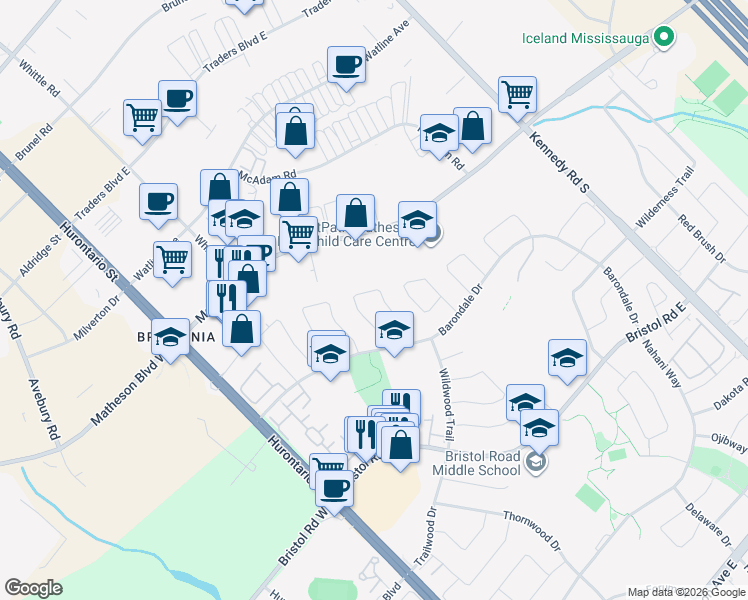 map of restaurants, bars, coffee shops, grocery stores, and more near 5559 Cosmic Crescent in Mississauga