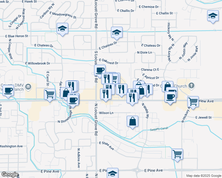 map of restaurants, bars, coffee shops, grocery stores, and more near 1850 East Fairview Avenue in Meridian