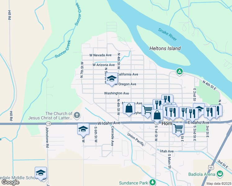 map of restaurants, bars, coffee shops, grocery stores, and more near 420 West Washington Avenue in Homedale