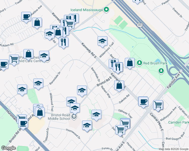 map of restaurants, bars, coffee shops, grocery stores, and more near 456 Barondale Drive in Mississauga
