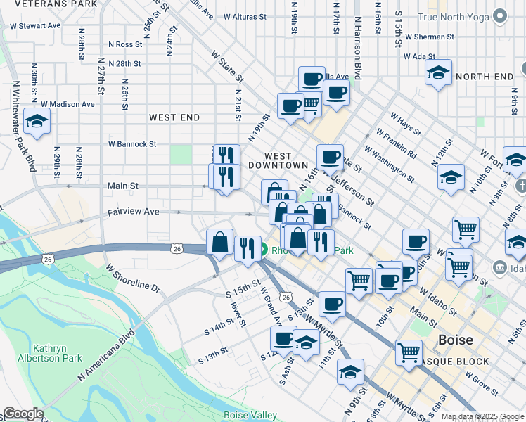 map of restaurants, bars, coffee shops, grocery stores, and more near 102 South 17th Street in Boise