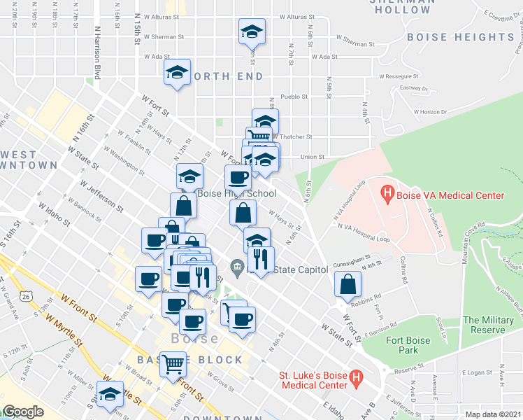map of restaurants, bars, coffee shops, grocery stores, and more near 623 West Hays Street in Boise