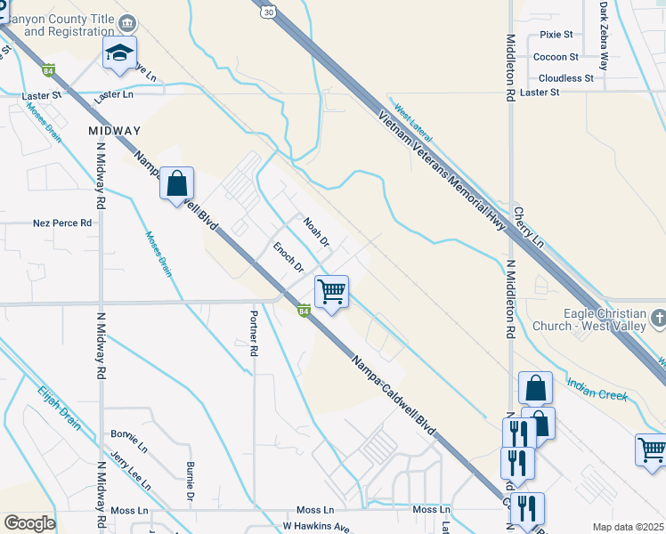 map of restaurants, bars, coffee shops, grocery stores, and more near 3317 Hoffman Lane in Nampa