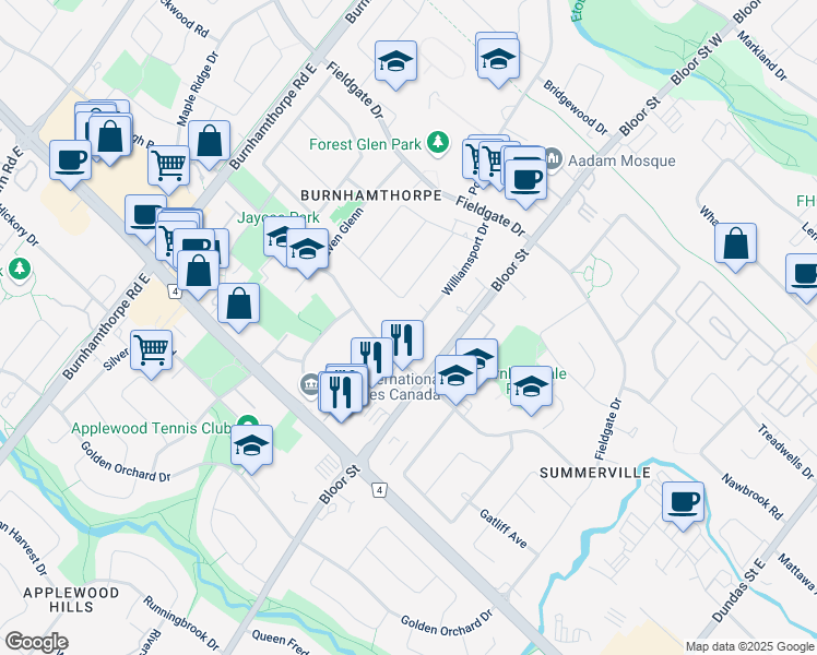 map of restaurants, bars, coffee shops, grocery stores, and more near 3455 Havenwood Drive in Mississauga