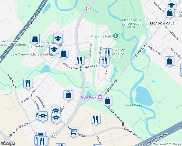 map of restaurants, bars, coffee shops, grocery stores, and more near 7190 Atwood Lane in Mississauga