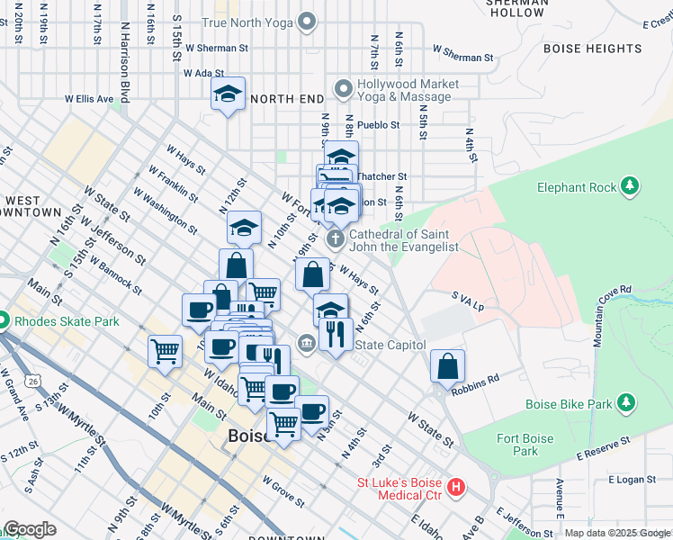 map of restaurants, bars, coffee shops, grocery stores, and more near 722 North 8th Street in Boise