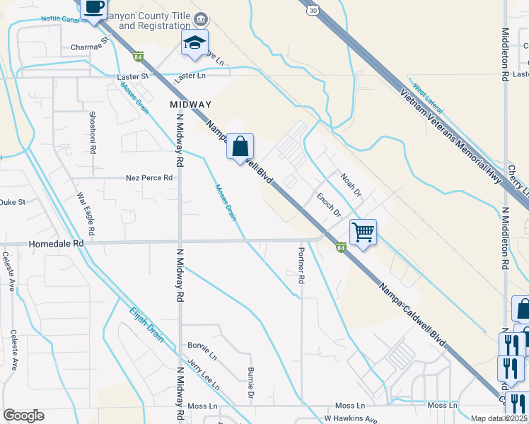 map of restaurants, bars, coffee shops, grocery stores, and more near 6804 Cleveland Boulevard in Caldwell