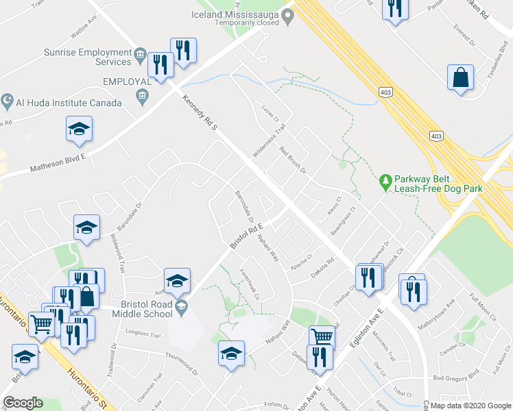 map of restaurants, bars, coffee shops, grocery stores, and more near 5340 Byford Place in Mississauga