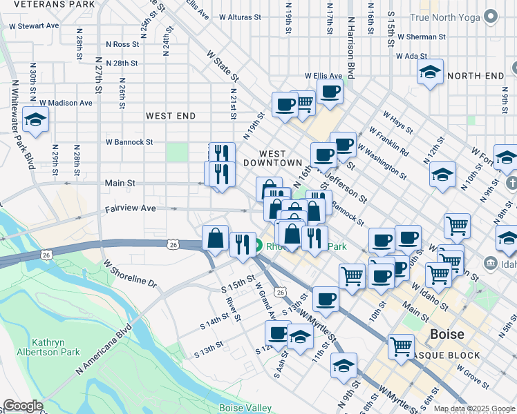 map of restaurants, bars, coffee shops, grocery stores, and more near 102 South 17th Street in Boise