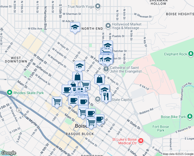 map of restaurants, bars, coffee shops, grocery stores, and more near in Boise