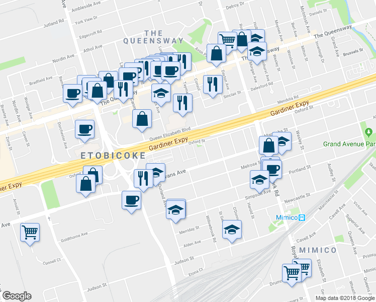 map of restaurants, bars, coffee shops, grocery stores, and more near 19 James Stock Path in Toronto