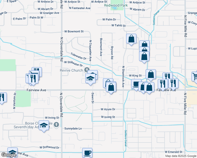 map of restaurants, bars, coffee shops, grocery stores, and more near 11703 West King Street in Boise