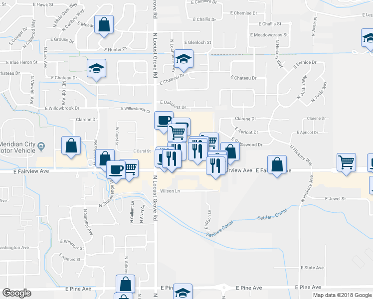map of restaurants, bars, coffee shops, grocery stores, and more near 1850 East Fairview Avenue in Meridian
