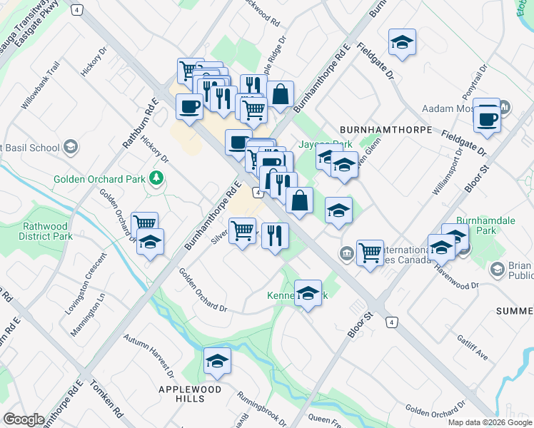 map of restaurants, bars, coffee shops, grocery stores, and more near 3610 Dixie Road in Mississauga