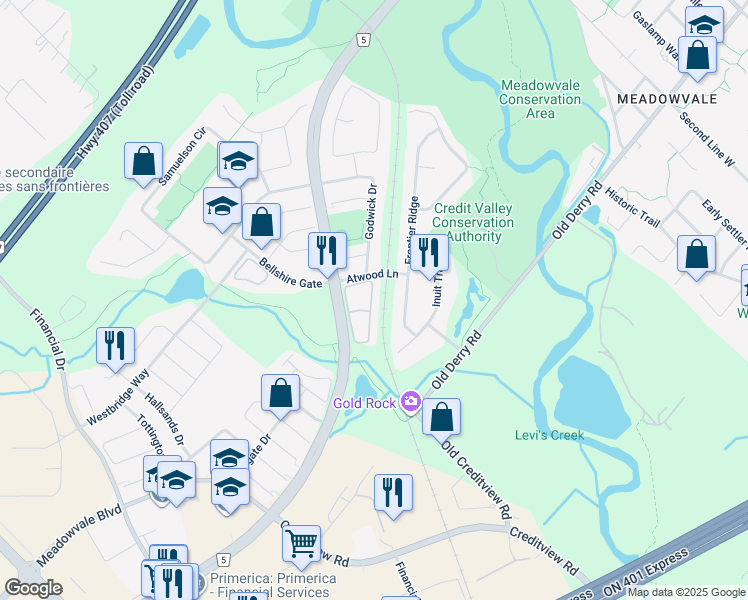 map of restaurants, bars, coffee shops, grocery stores, and more near 7190 Atwood Lane in Mississauga