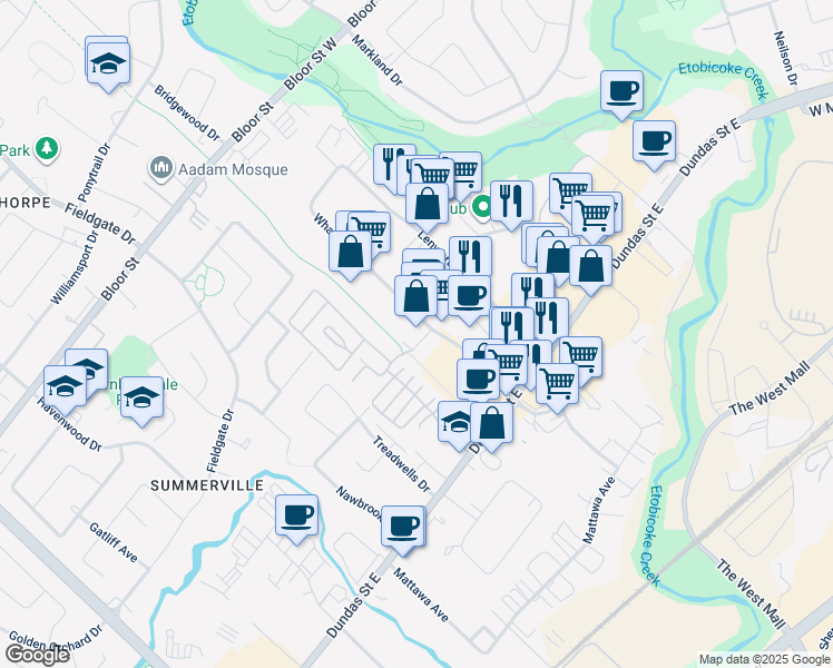 map of restaurants, bars, coffee shops, grocery stores, and more near 3111 Wharton Way in Mississauga