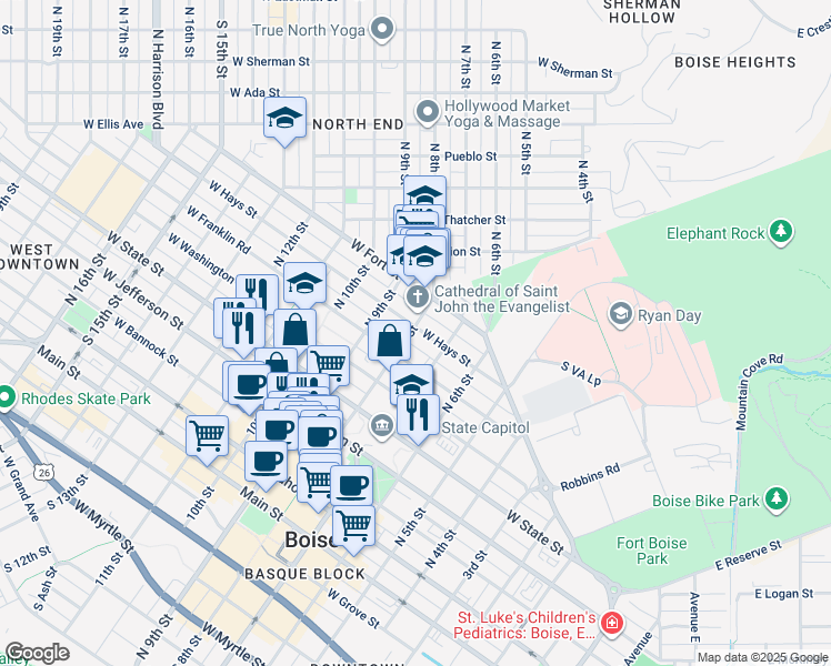 map of restaurants, bars, coffee shops, grocery stores, and more near in Boise